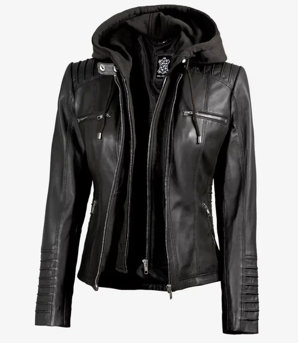 Women's Black Leather Jacket With Removable Hood