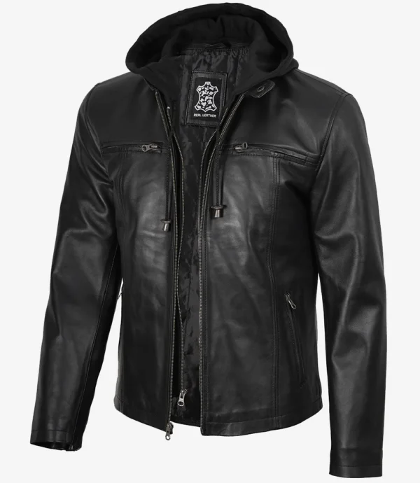 Men's Black Cafe Racer Leather Jacket with Removable Hood