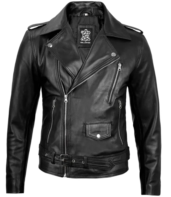 Men's Black Belted Biker Leather Jacket