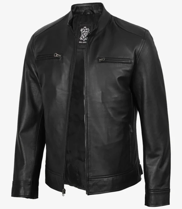 Dodge Men's Black Leather Cafe Racer Jacket