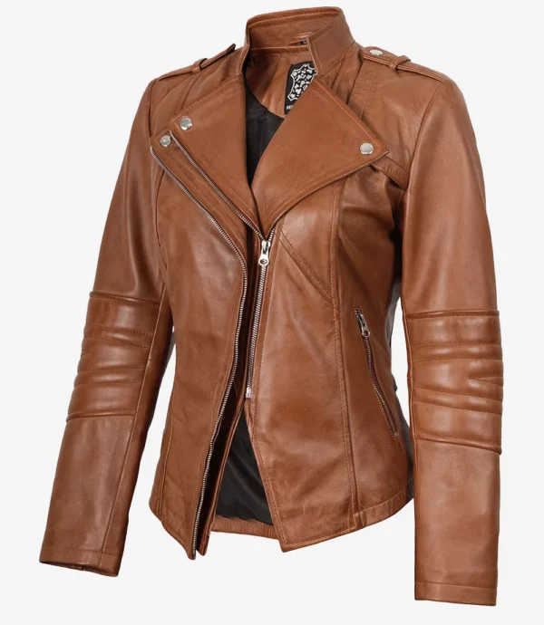 Women's Tan Brown Leather Biker Jacket