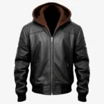 Men's Rogue Black Leather Hooded Bomber Jacket