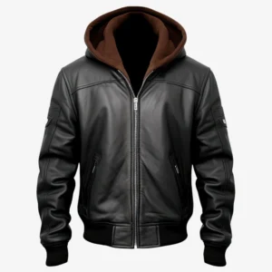 Men’s Rogue Black Leather Hooded Bomber Jacket