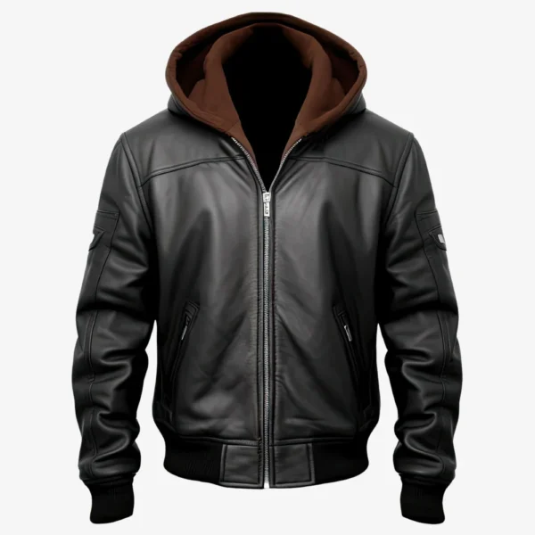 Men’s Rogue Black Leather Hooded Bomber Jacket