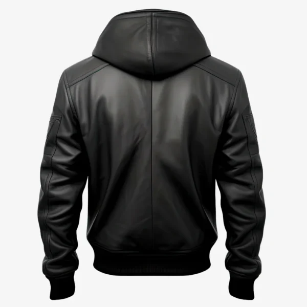 Back Side of Men’s Rogue Black Leather Hooded Bomber Jacket