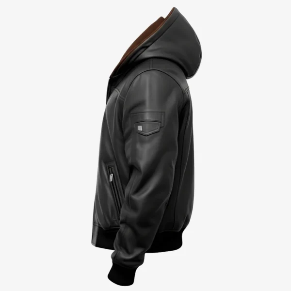 Left Side of Men’s Rogue Black Leather Hooded Bomber Jacket