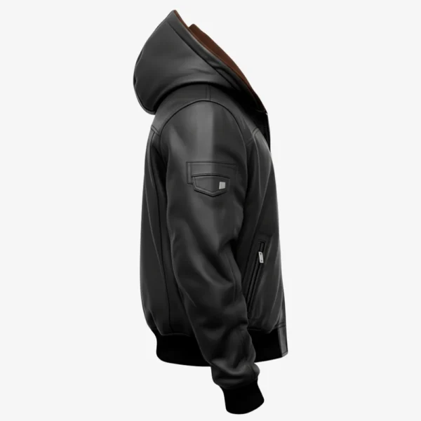 Right Side of Men’s Rogue Black Leather Hooded Bomber Jacket