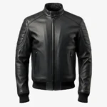 Men's Vortex Black Stand Collar Leather Bomber Jacket