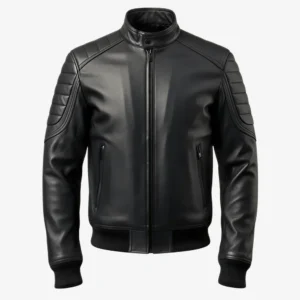 Men’s Vortex Black Stand Collar Leather Bomber Jacket