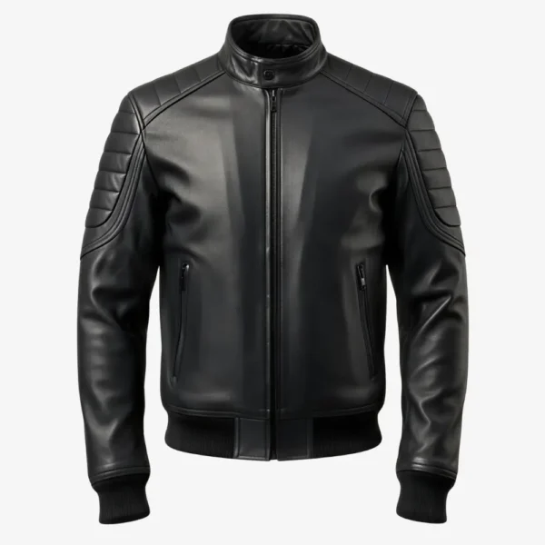 Men’s Vortex Black Stand Collar Leather Bomber Jacket