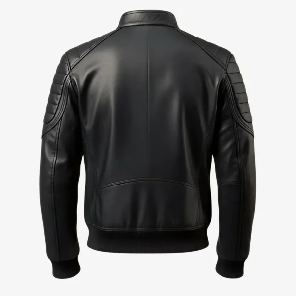Back side of Men’s Vortex Black Stand Collar Leather Bomber Jacket