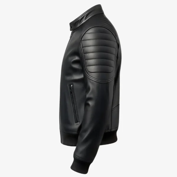 left side of Men’s Vortex Black Stand Collar Leather Bomber Jacket