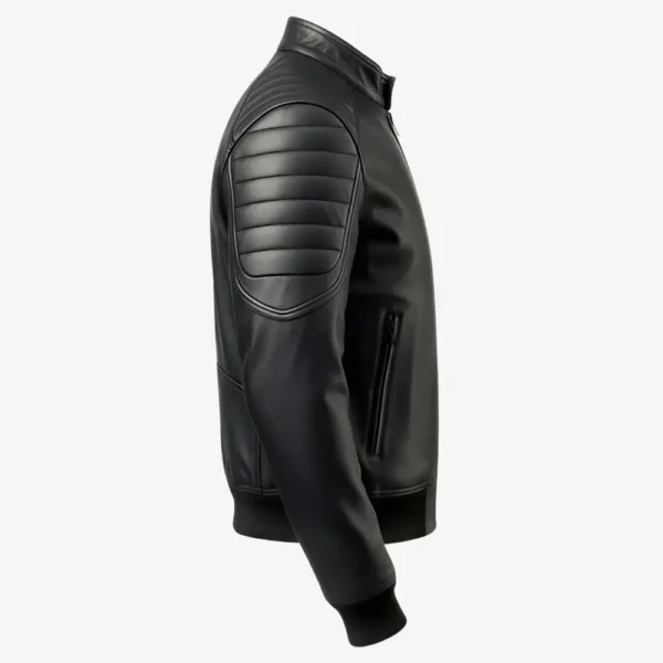 Right side of Men’s Vortex Black Stand Collar Leather Bomber Jacket